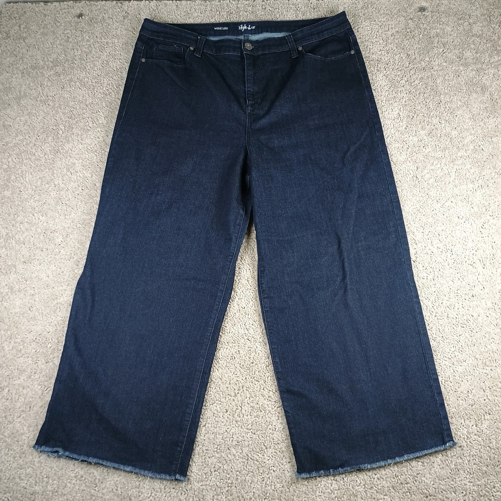 Style & Co Women Wide Leg Crop Jeans Size 18 Dark Wash Fray Raw Hem Stretch...